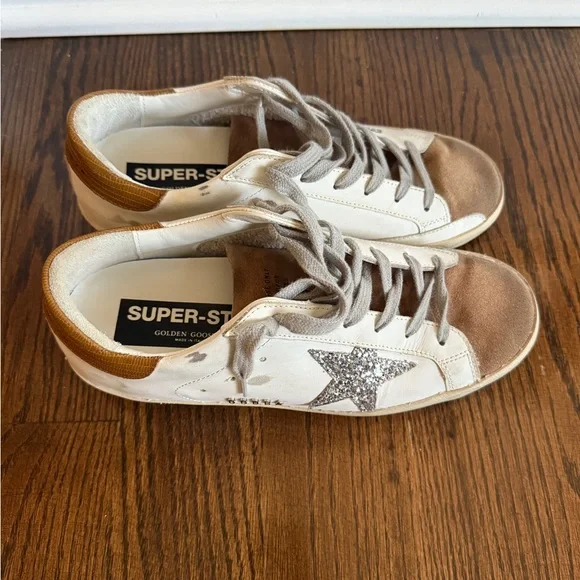 Golden Goose White and Brown Sneakers with Glitter Star - Picture 3 of 6